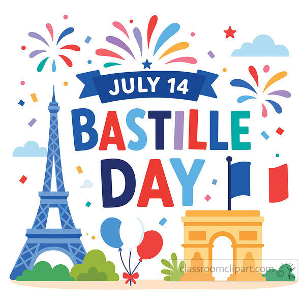 A festive Bastille Day clipart scene with Eiffel Tower fireworks balloons French flags and bright July 14 lettering