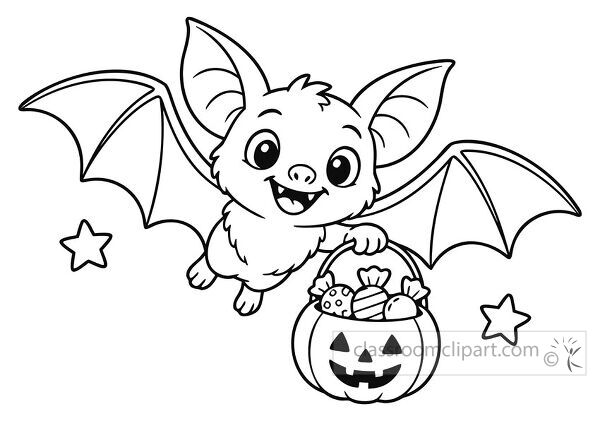 Cute flying bat carries a jack o lantern candy bucket filled with wrapped sweets beside two small stars