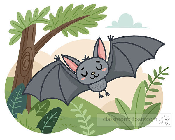 Flying bat clipart with wide gray wings moving through green jungle leaves and a tree behind it