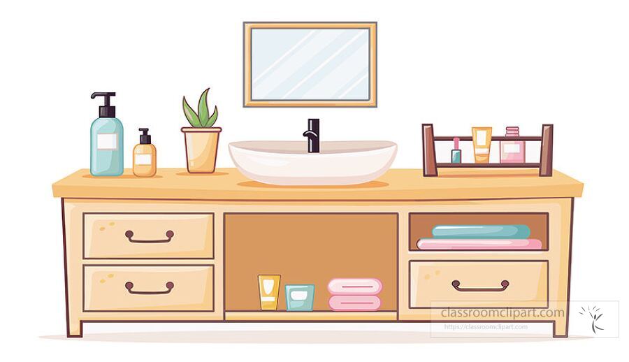 illustration of a bathroom vanity with a sink mirror towels soap and toiletries in a modern style