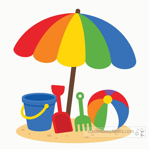 A rainbow beach umbrella stands with a blue bucket red shovel green rake and colorful beach ball on sand