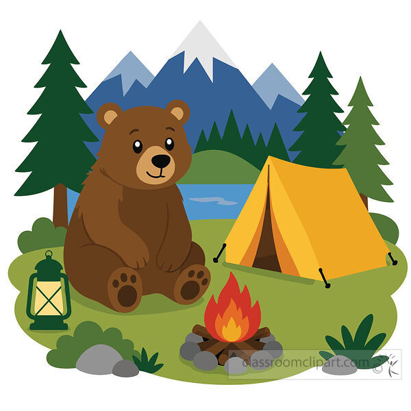 A brown bear sits beside a yellow tent glowing campfire lantern pine trees lake and mountains