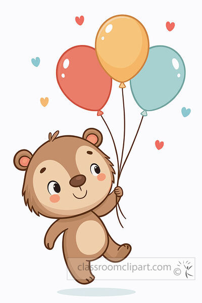 Cute brown bear floating while holding red yellow and blue balloons with small hearts around it