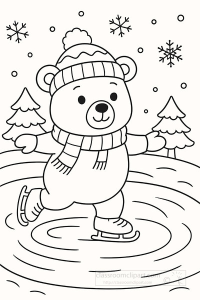 Cute bear skating on ice in a winter forest scene with snow and trees coloring page