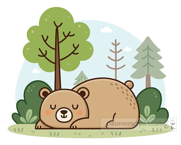 Sleeping bear clipart resting in a forest with trees bushes clouds and soft green outdoor scenery
