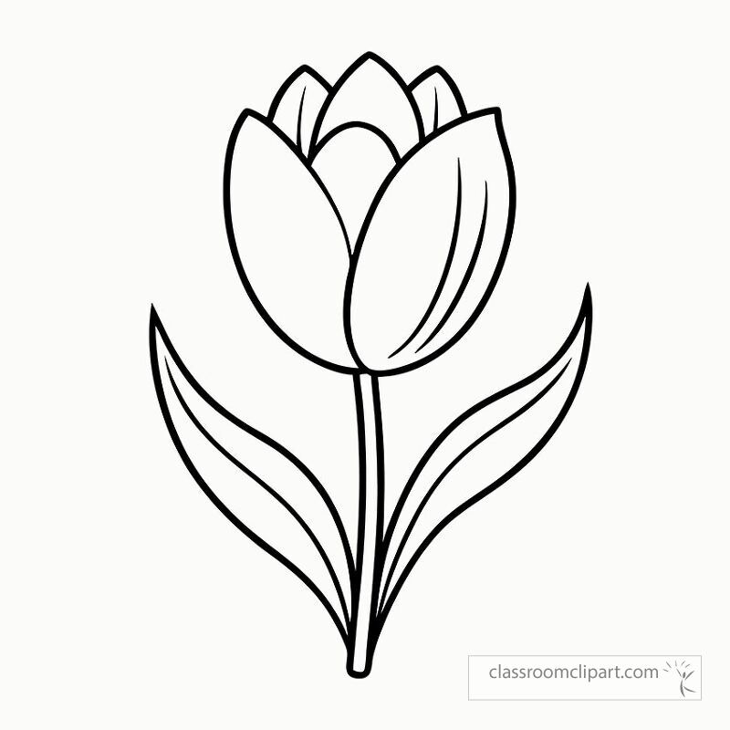 A detailed black outline of a tulip featuring elegant petals and leaves designed for printing. Ideal for creative coloring activities in various settings and occasions.