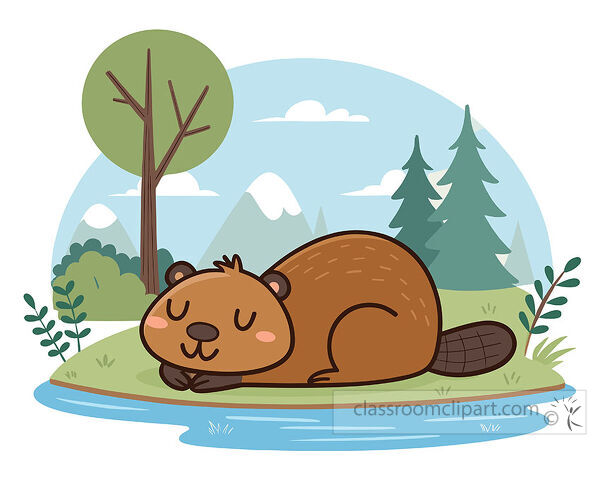 Sleeping beaver clipart beside a blue river with pine trees mountains and a curled brown tail