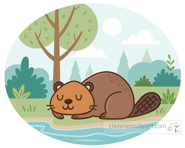 Sleeping beaver clipart resting near a pond with bushes trees and a calm rounded outdoor background