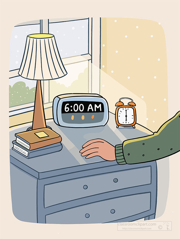 Morning bedroom scene with digital clock at six am and soft light