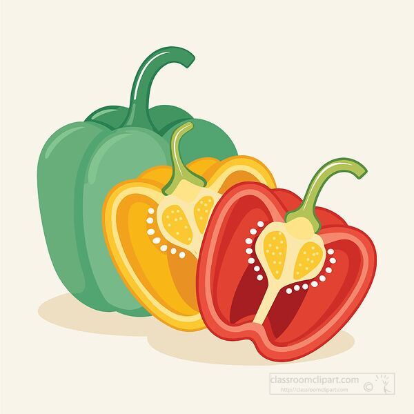 fresh group of red yellow and green bell peppers arranged together with a sliced piece showing the seeds inside