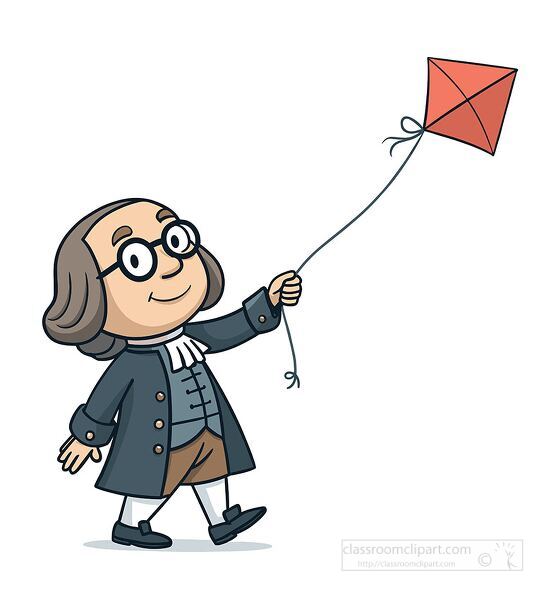 benjamin franklin cartoon character flying a red kite in cartoon style educational illustration