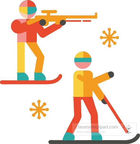 Colorful minimalist clip art of athletes skiing and shooting rifles clip art