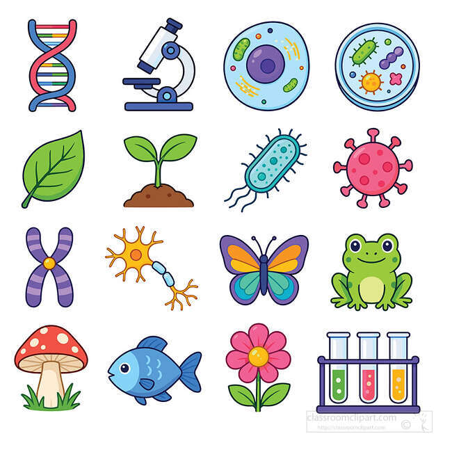 Biology science color icon set with DNA microscope cell petri dish leaf seedling bacteria virus frog and test tubes