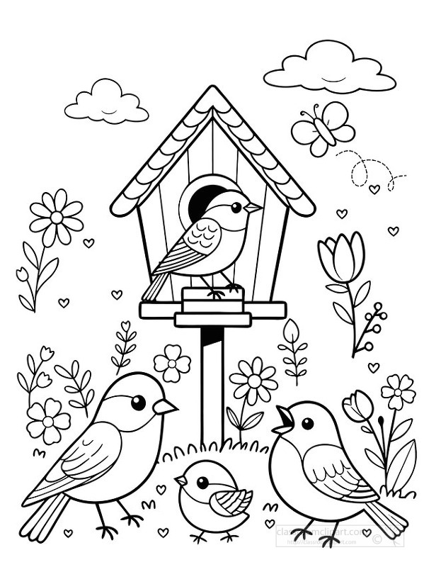 Black and white coloring page of birds gathered around birdhouse in spring garden