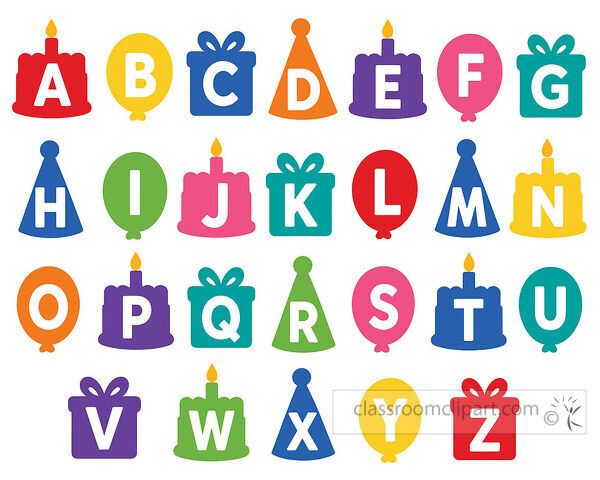 Bright birthday alphabet with letters on cakes balloons party hats candles and gift boxes