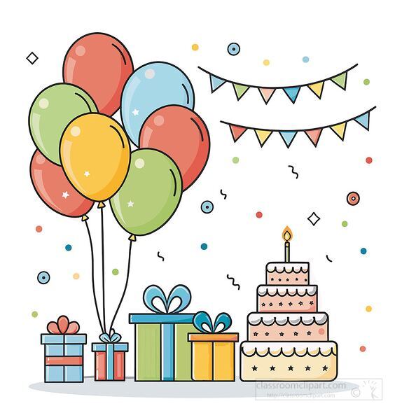 Colorful balloons wrapped presents and a layered birthday cake are shown with confetti and flag decorations clipart