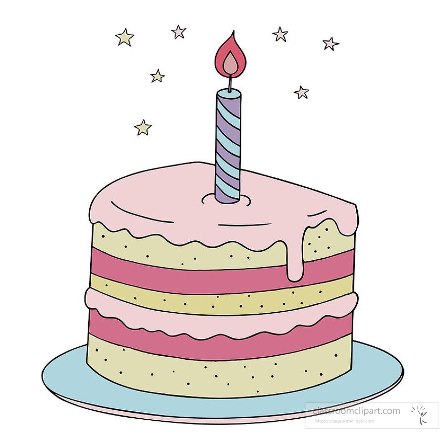 Clipart illustration of a layered birthday cake with pink icing a striped candle and stars