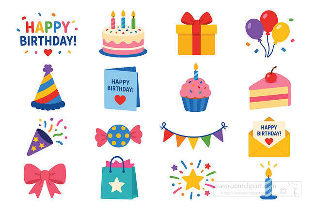 Birthday party icon set with cake balloons gift cupcake party hat card banner confetti and candle