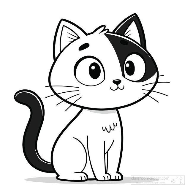 Black and white cat sitting upright with large round eyes pointed ears whiskers and a curved tail