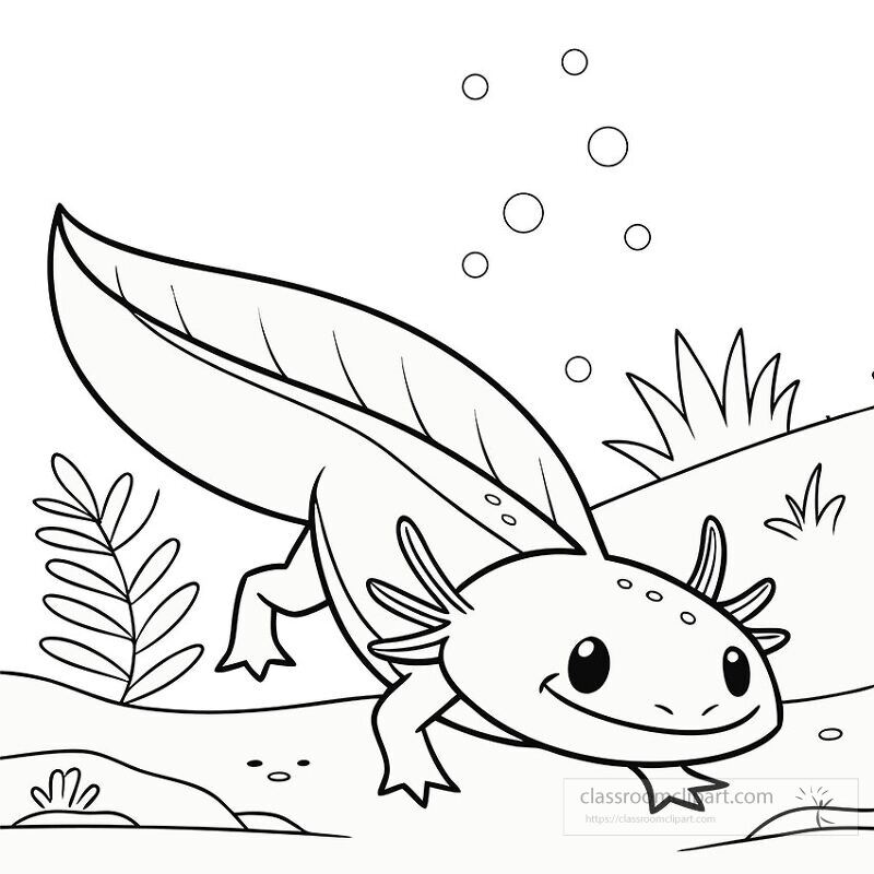 A delightful axolotl swims through an underwater scene filled with plants and bubbles This cute creature showcases its gills and happy expression in a playful display