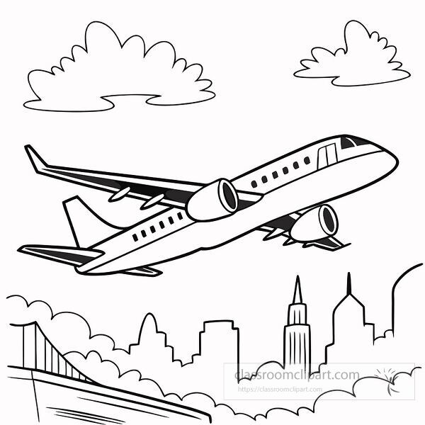 Passenger airplane flying above a city skyline and bridge