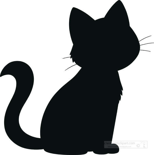 Solid black cat silhouette sitting in profile with pointed ears visible whiskers and a long curved tail