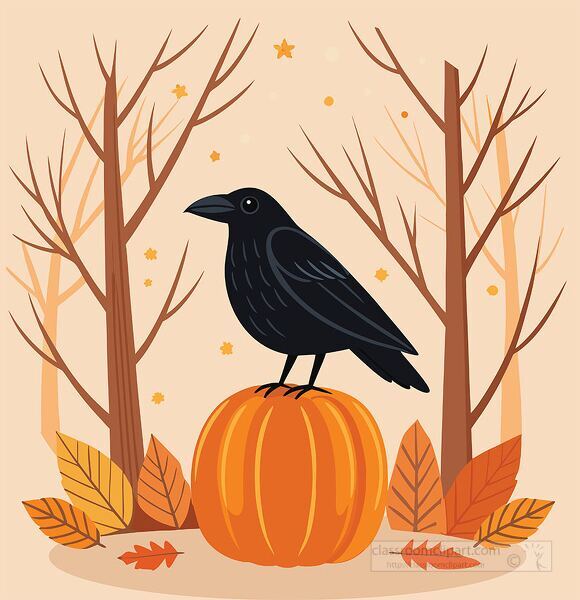 Cartoon crow sitting on a pumpkin surrounded by autumn leaves and bare trees great for fall projects Halloween themes and seasonal lessons