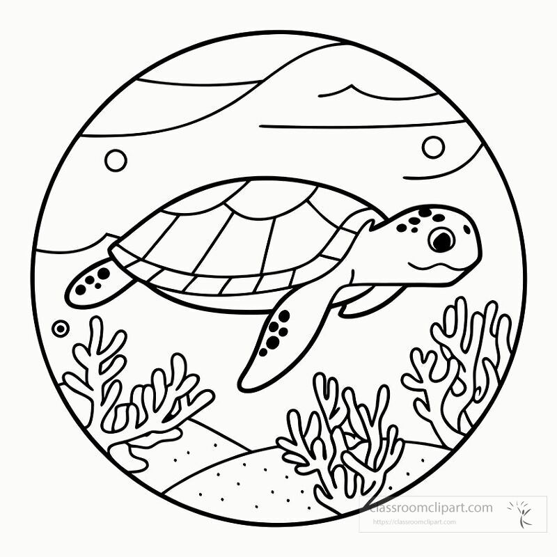 A sea turtle glides through the ocean waters surrounded by coral reefs Simple black outline design captures the tranquility of underwater life in a monochrome style