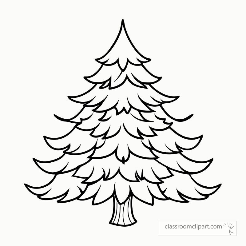 A black outlined evergreen tree design suitable for coloring. This printable artwork features detailed branches and a textured trunk ideal for art projects or decorations.