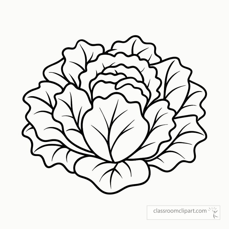 This design features a black outline of a lettuce plant showcasing intricate leaf details. Ideal for coloring activities or educational projects related to gardening and vegetables.