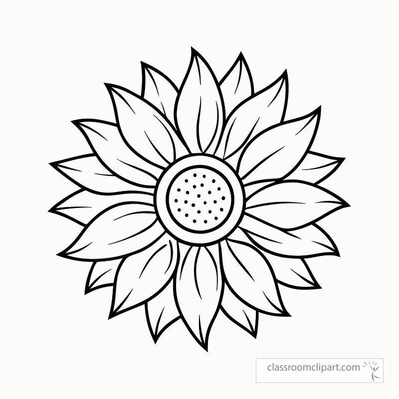 This black outline printable features a detailed sunflower with large petals and a textured center. Perfect for arts crafts or educational activities during various seasons.