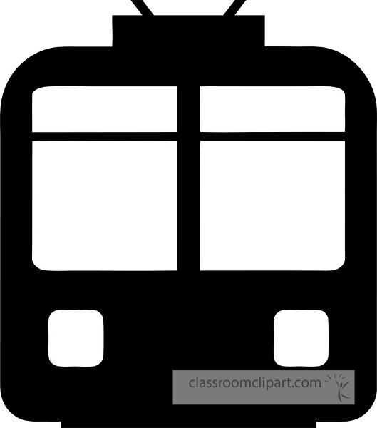 A simple black silhouette of a train front view, featuring windows and headlights.