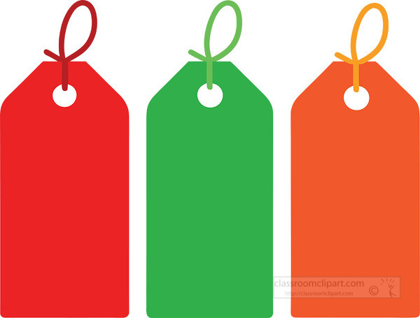 Three blank holiday tags in red green and orange colors ready for labeling gifts