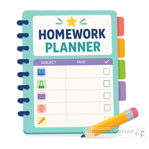Blank homework planner spiral notebook with subject and task columns checkboxes icons tabs and large pencil
