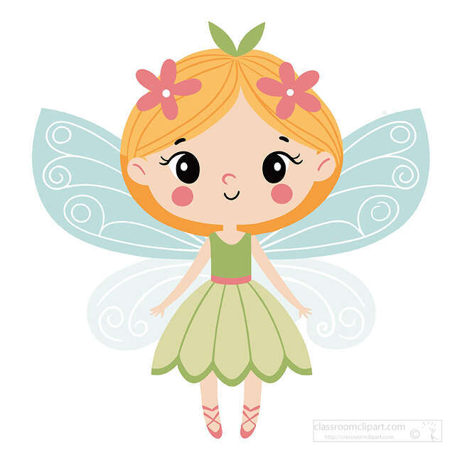 Blonde fairy clipart with pink flower hair green petal dress pale blue wings and swirled wing details