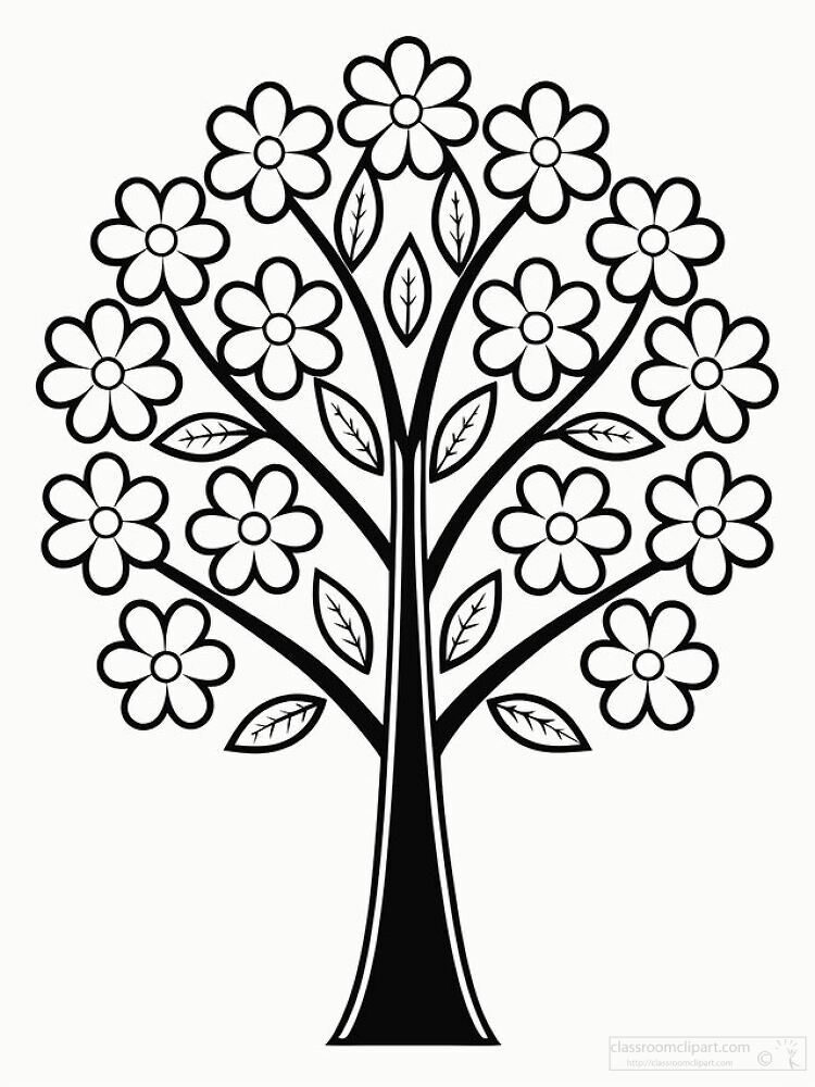 A stylized tree adorned with numerous flowers and leaves stands out against a plain background This design captures the essence of natures beauty and growth