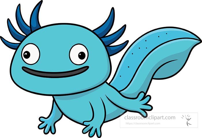 cheerful blue axolotl cartoon with dark blue frills and big eyes appearing to swim making it ideal for fun aquatic or biology educational materials