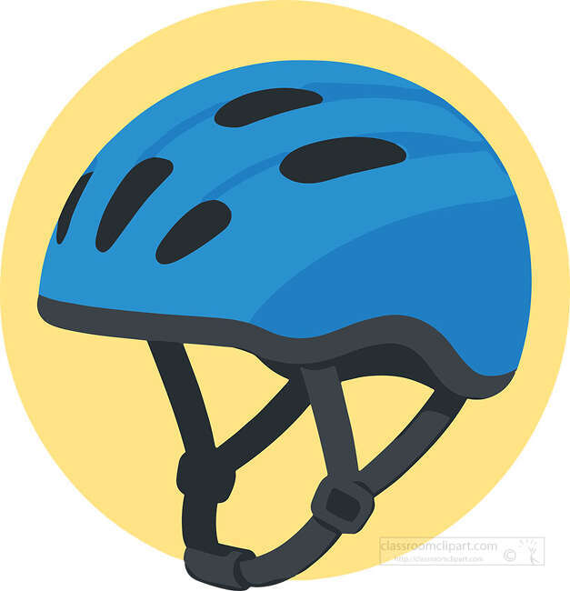 Blue bicycle helmet with black vents and chin strap shown on a yellow circle background