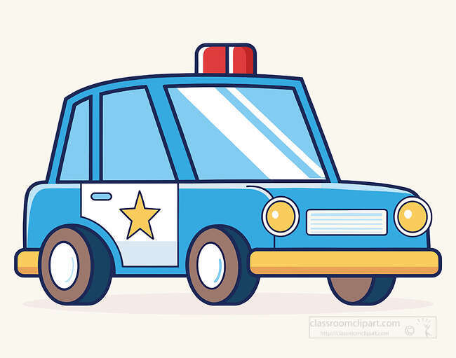 Cartoon Boxy blue police car with a gold star badge yellow bumper and red roof light