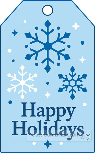 Light blue holiday gift tag decorated with blue and white snowflakes scattered stars and bold Happy Holidays lettering