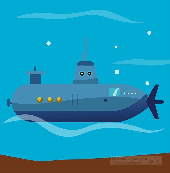 cartoon submarine underwater surrounded by bubbles and waves showing marine exploration
