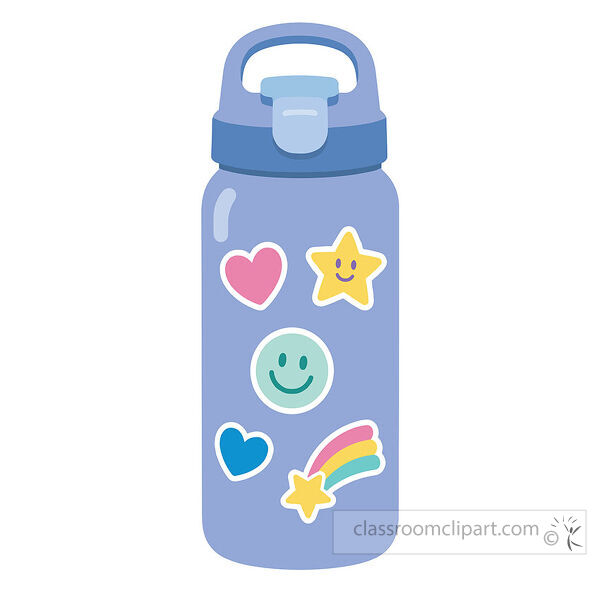 Cute clipart of a blue water bottle decorated with heart star smiley face and rainbow stickers