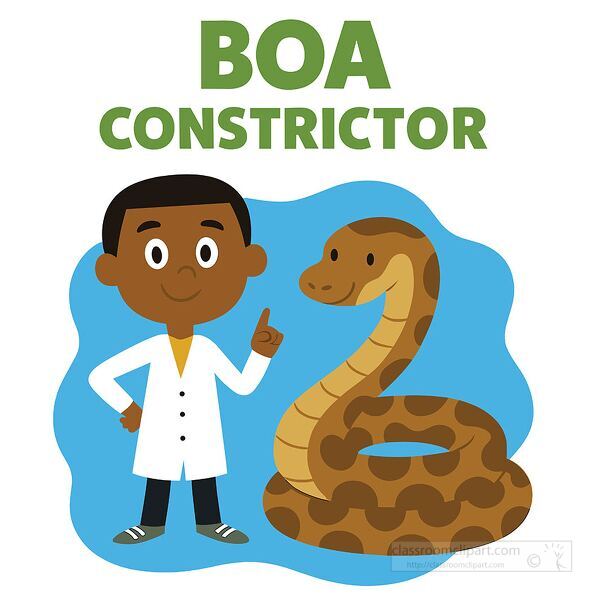 Educational cartoon scientist with a boa constrictor snake for science and animal biology