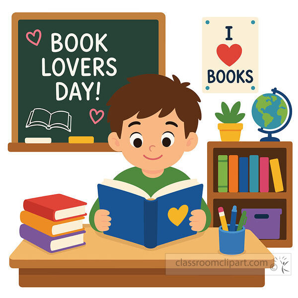 A boy reads a blue book at a classroom desk with a chalkboard books shelf globe and book lovers signs