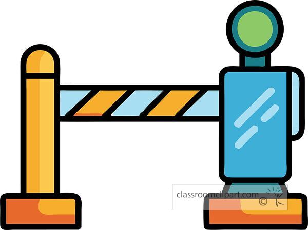 A colorful illustration of a traffic barrier with a green light on top. The barrier is orange and yellow striped, with a blue post and a shiny surface.