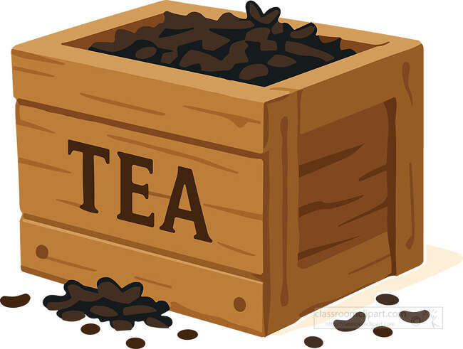 Boston Tea Pary Wooden tea crate filled with dark loose leaves and bold tea label on the front panel