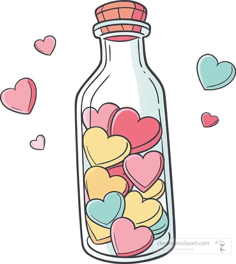 Clipart  illustration of a glass bottle filled with colorful heart shapes surrounded by floating hearts