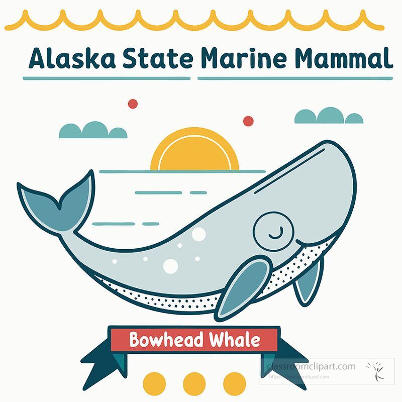 This clip art features a bowhead whale the official marine mammal of Alaska set against a backdrop of a sun and ocean waves The design emphasizes Alaskas natural beauty