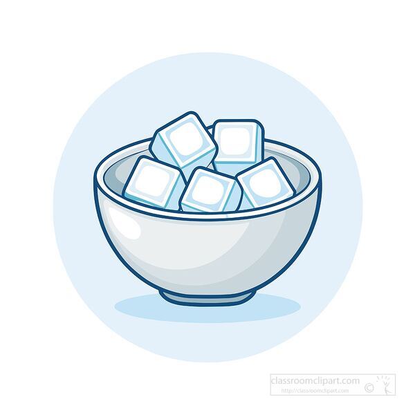 clean minimal vector illustration showing a bowl full of ice cubes on a blue circular background