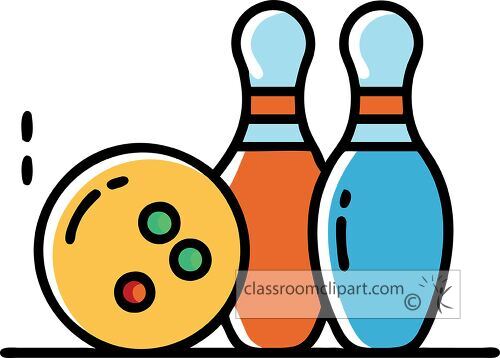 Brightly colored bowling ball and pins showcase modern flat design.